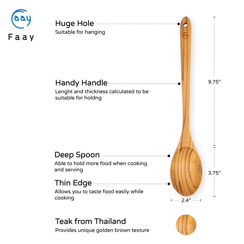 FAAY Thai Teak Salad & Cooking Spoons (2 Pack), 9.5 inch â€“ Handcrafted in Thailand, Natural Coconut Oil Finish, Smooth Non-Scratch Utensils for Mixing & Serving - Image 3